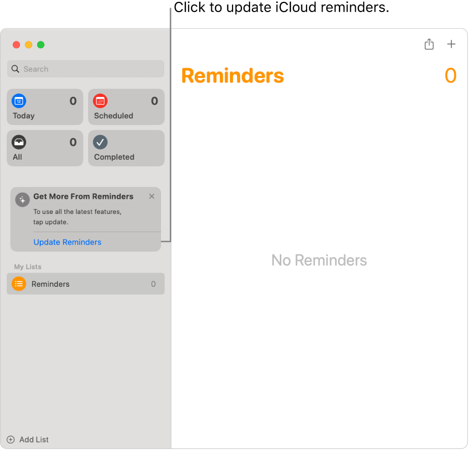 A Reminders window showing the Update button in the sidebar.