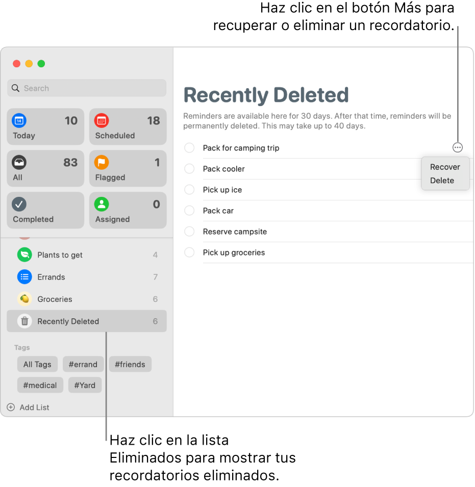 Una ventana de la app Recordatorios mostrando la lista Eliminados seleccionada en la barra lateral, y el botón Más de un recordatorio mostrando las opciones para recuperar o eliminar el recordatorio.