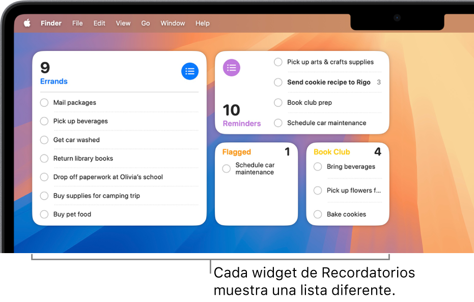 Cuatro widgets de Recordatorios en el escritorio, cada uno muestra una lista diferente.