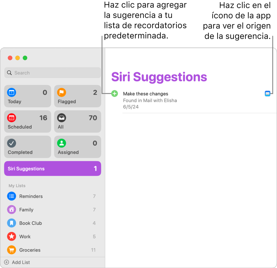 Una lista de sugerencias de Siri en la app Recordatorios mostrando un recordatorio sugerido de la app Mail.