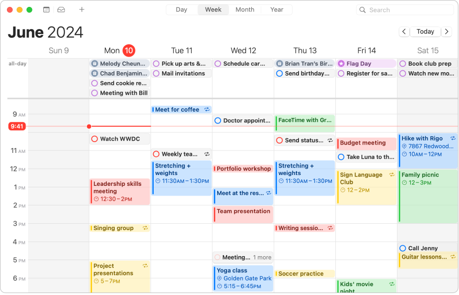 Una ventana de la app Calendario mostrando los eventos y recordatorios programados de la semana.