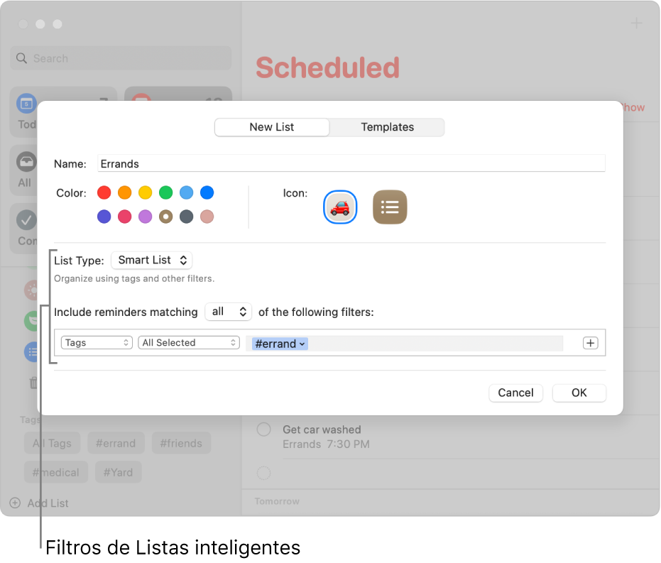 Una ventana de información de una lista inteligente personalizada mostrando el menú desplegable de filtros.