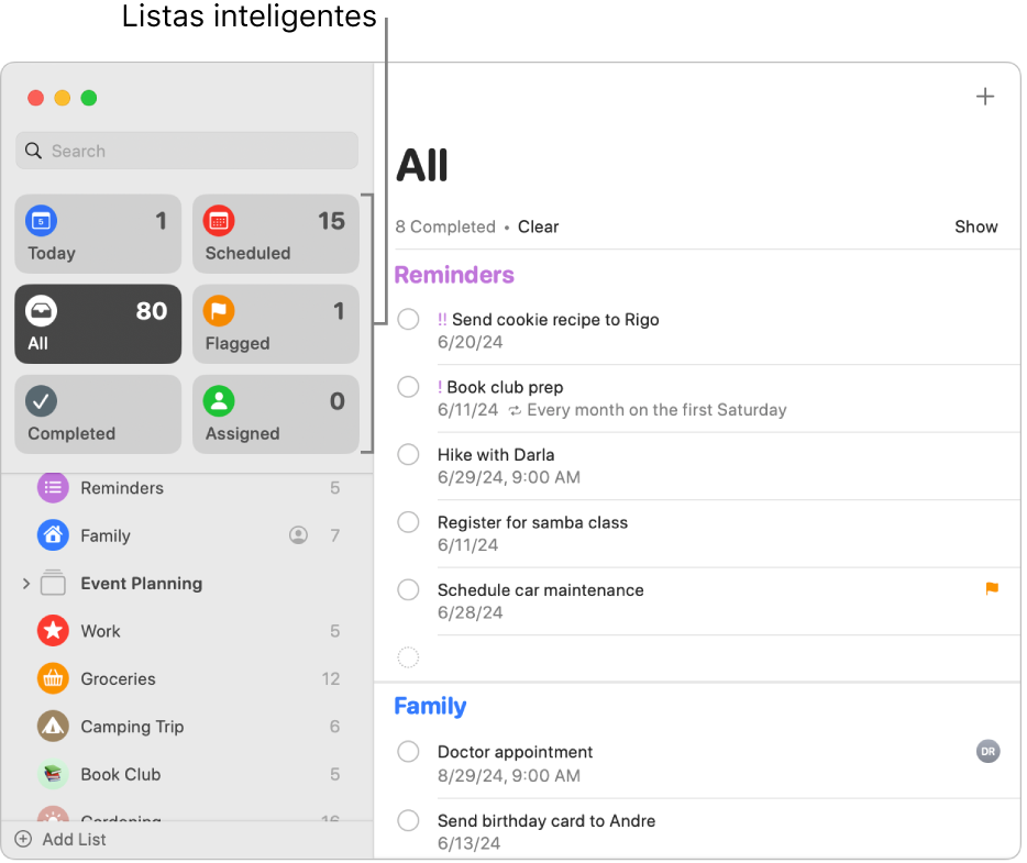 Una ventana de Recordatorios mostrando las listas inteligentes en la barra lateral.