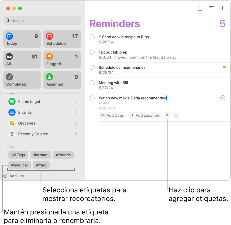 Una ventana de Recordatorios mostrando varias etiquetas en la barra lateral y un recordatorio que tiene una etiqueta aplicada.