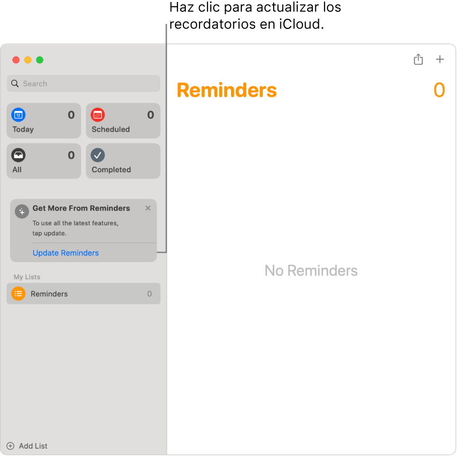 Una ventana de Recordatorios mostrando el botón Actualizar en la barra lateral.