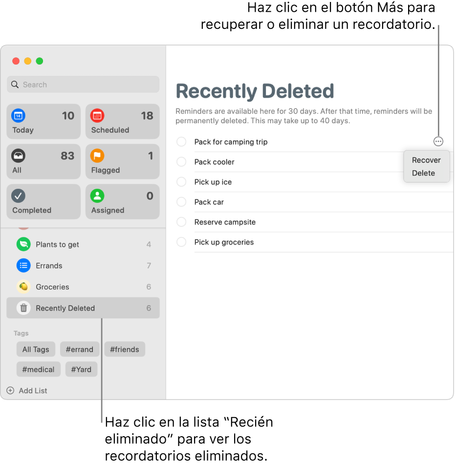 Una ventana Recordatorios con la lista “Recién eliminado” seleccionada en la barra lateral y el botón Más de un recordatorio con las opciones Recuperar y Eliminar.