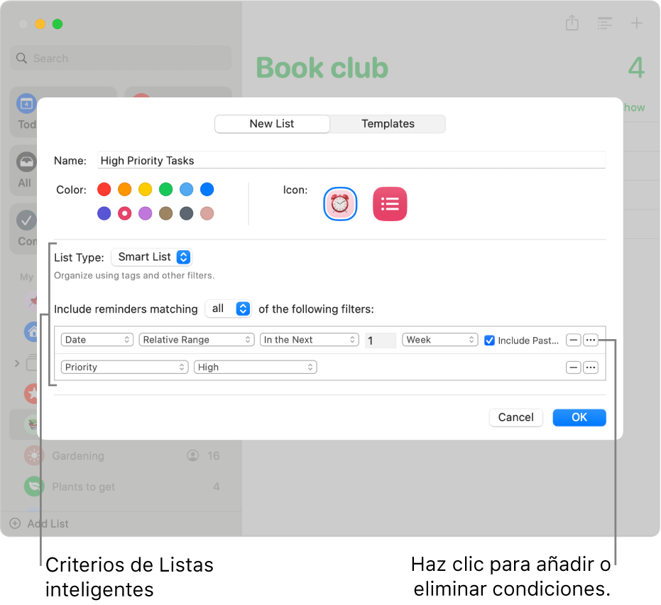 El cuadro de diálogo “Nueva lista inteligente” con los campos utilizados para especificar los criterios.