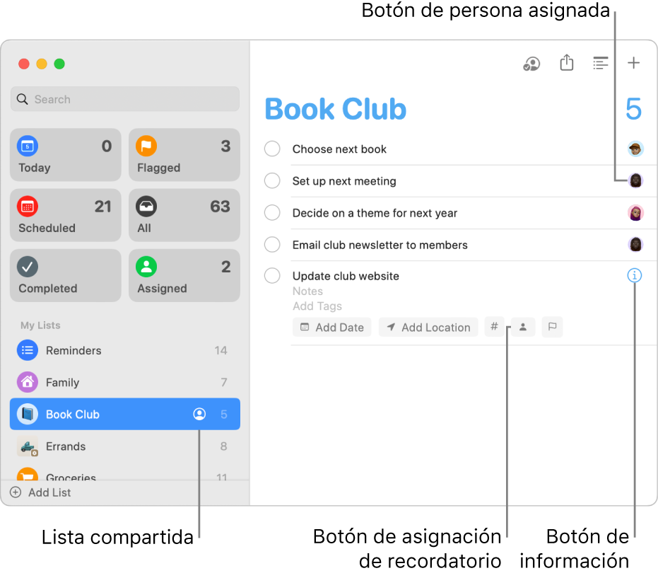 Ventana de Recordatorios con una lista compartida de recordatorios asignados.