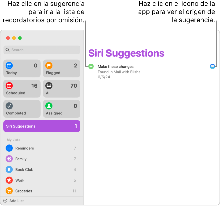 Una lista “Sugerencias de Siri” en la app Recordatorios que muestra un recordatorio sugerido desde la app Mail.