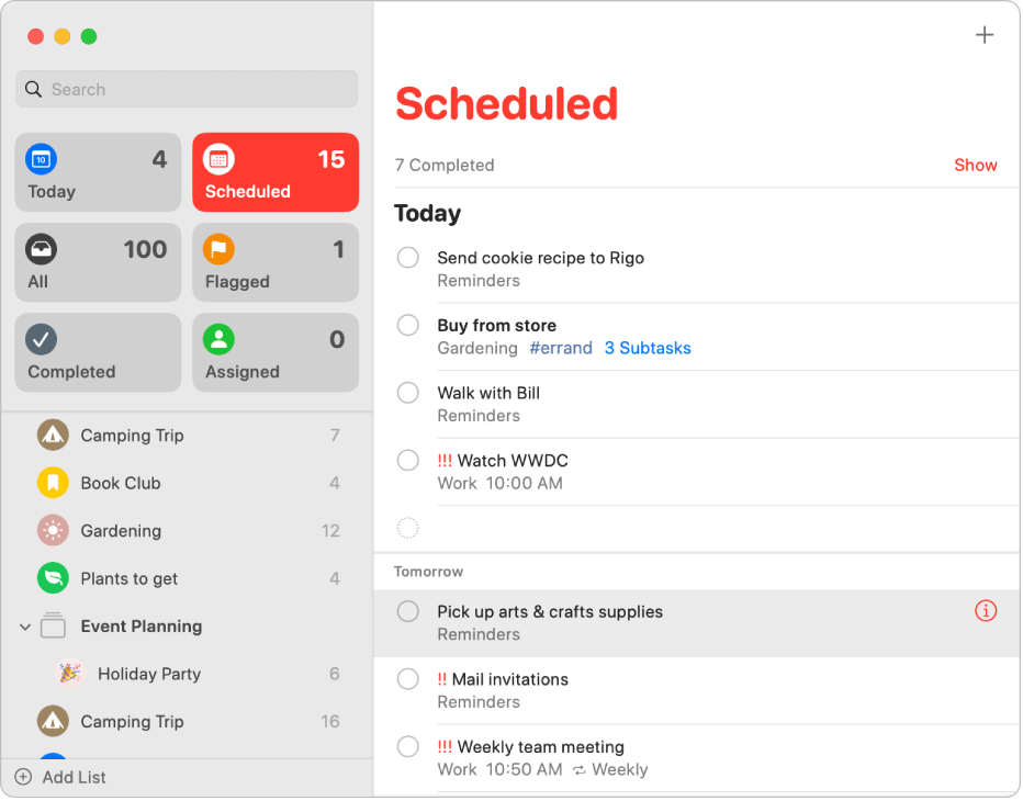 Una ventana de la app Recordatorios con la lista inteligente Programado, que muestra recordatorios programados para hoy y mañana.