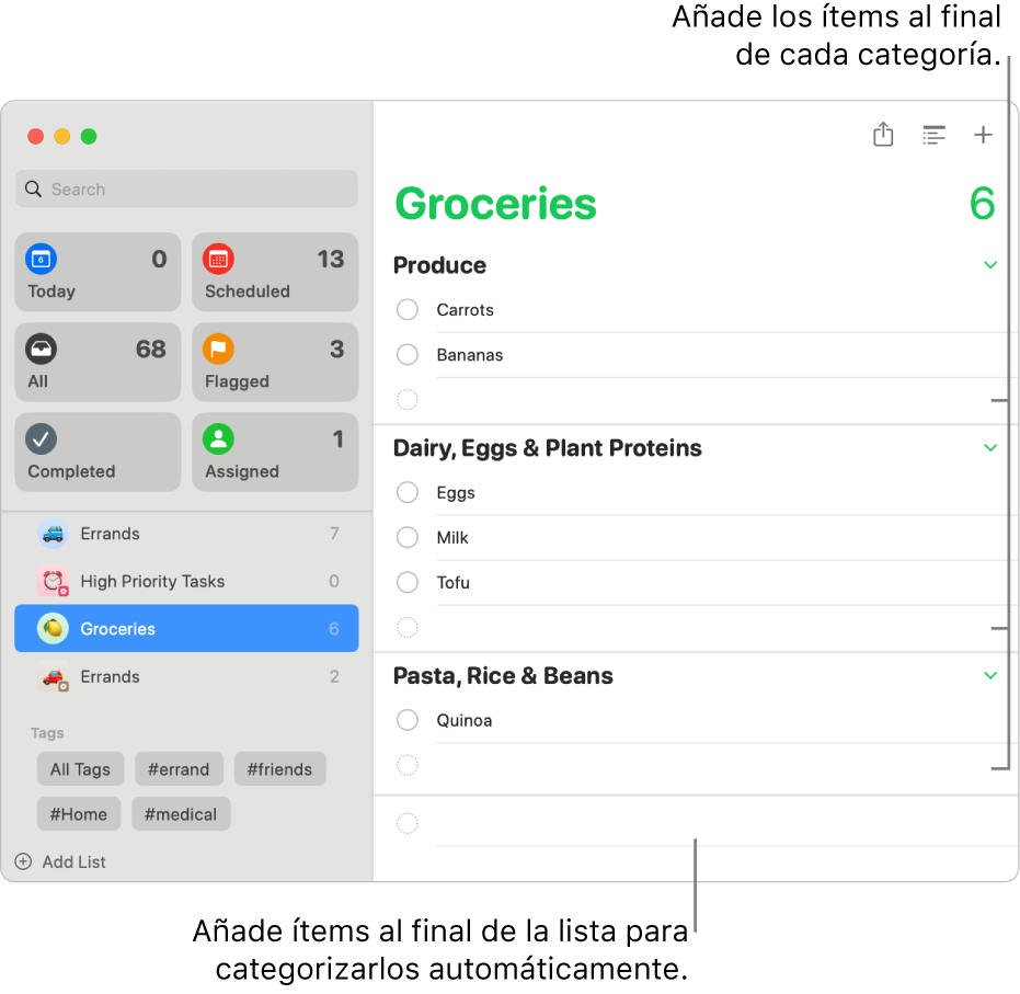 Una lista de la compra con ítems ordenados en tres categorías distintas. Hay muchos campos vacíos en la parte inferior de cada categoría para añadir ítems y un campo vacío en la parte inferior de toda la lista para añadir ítems que se categoricen automáticamente.