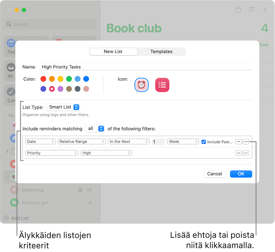 Uusi älykäs lista -valintaikkuna, jossa näkyy kenttiä kriteerien määrittämiselle.
