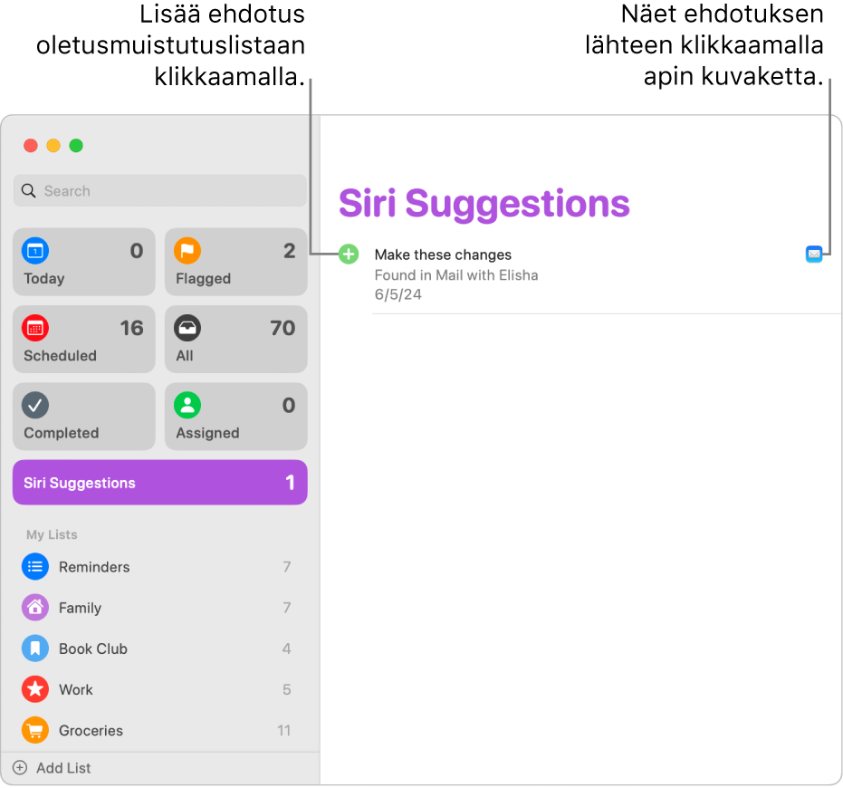 Muistutukset-apin Siri-ehdotukset-lista, jossa näkyy yksi Mail-apin ehdottama muistutus.