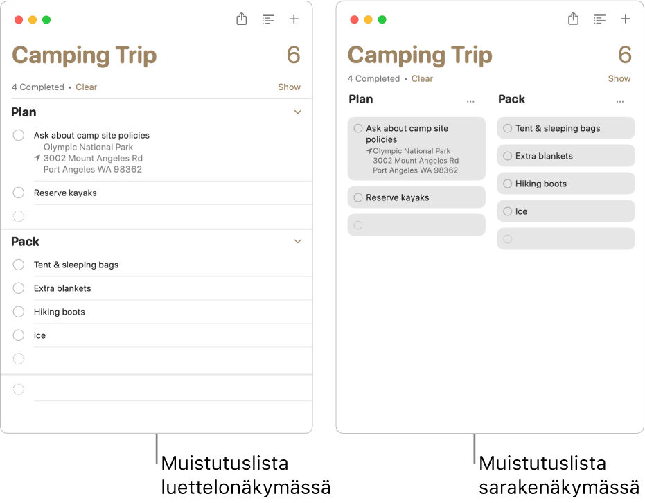 Vasemmalla muistutuslista näkyy luettelona. Oikealla sama muistutuslista näkyy sarakkeina. Muistutuslistassa on kaksi osiota, ja niiden otsikoita käytetään sarakkeiden otsikkoina.