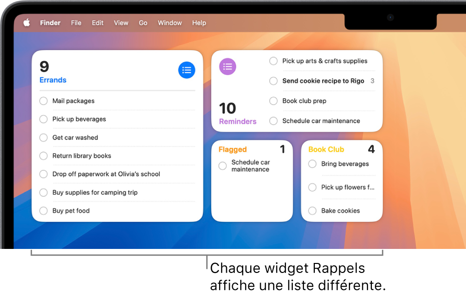 Quatre widgets Rappels sur le bureau, chacun affichant une liste distincte.