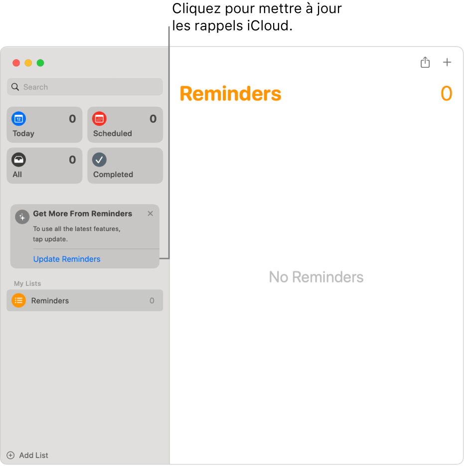 Fenêtre Rappels qui affiche le bouton Mettre à jour dans la barre latérale.