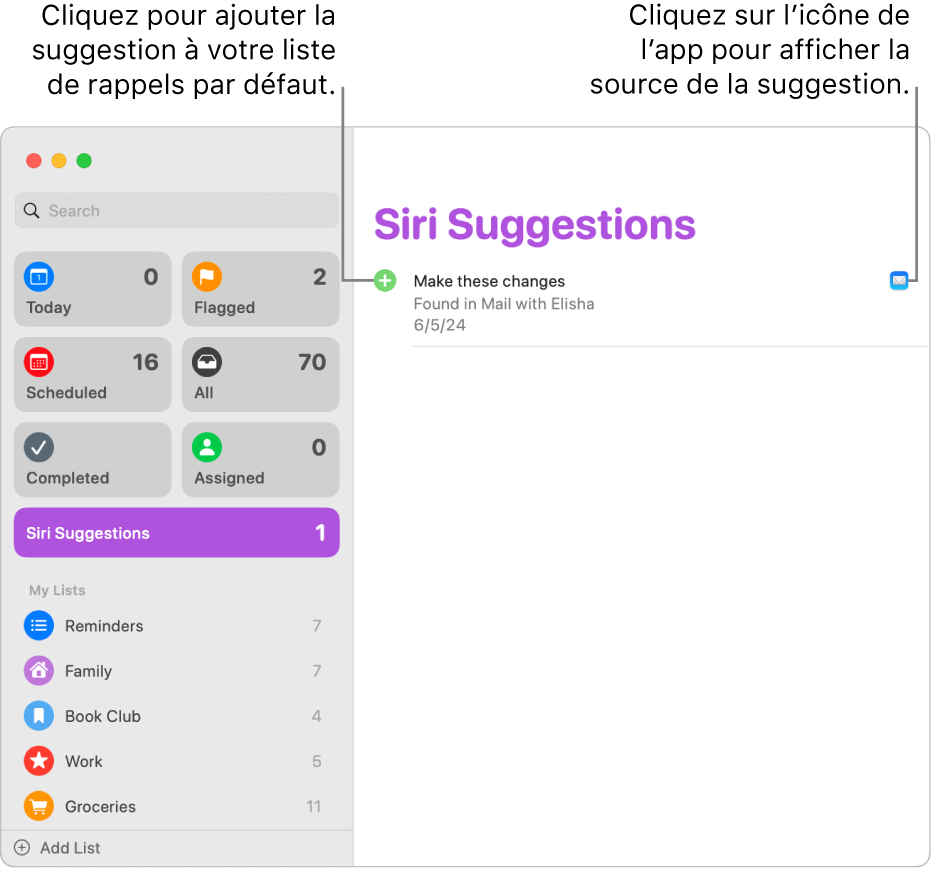 Liste des suggestions de Siri dans l’app Rappels qui affiche un rappel suggéré à partir de l’app Mail.