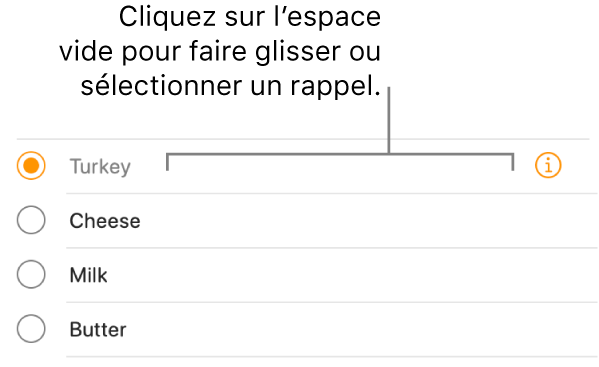 Cliquez sur la zone vide à droite d’un nom de rappel pour sélectionner le rappel.