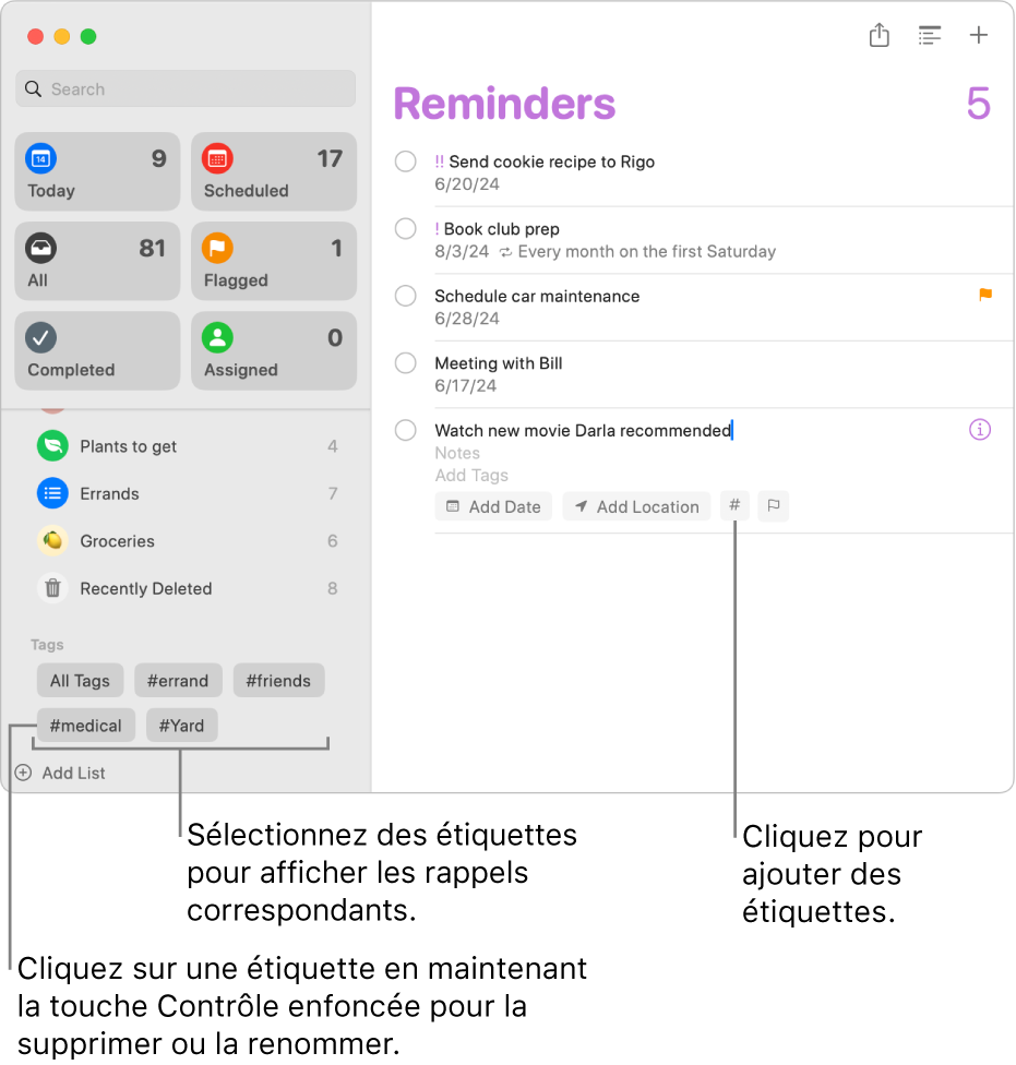Fenêtre Rappels qui affiche plusieurs étiquettes dans la barre latérale et un rappel doté d’une étiquette.