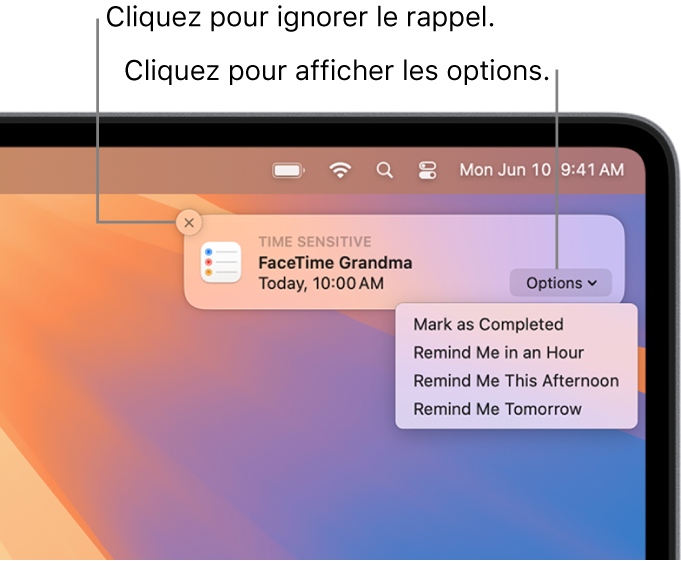 Notification Rappel avec les boutons Terminer et Plus tard.