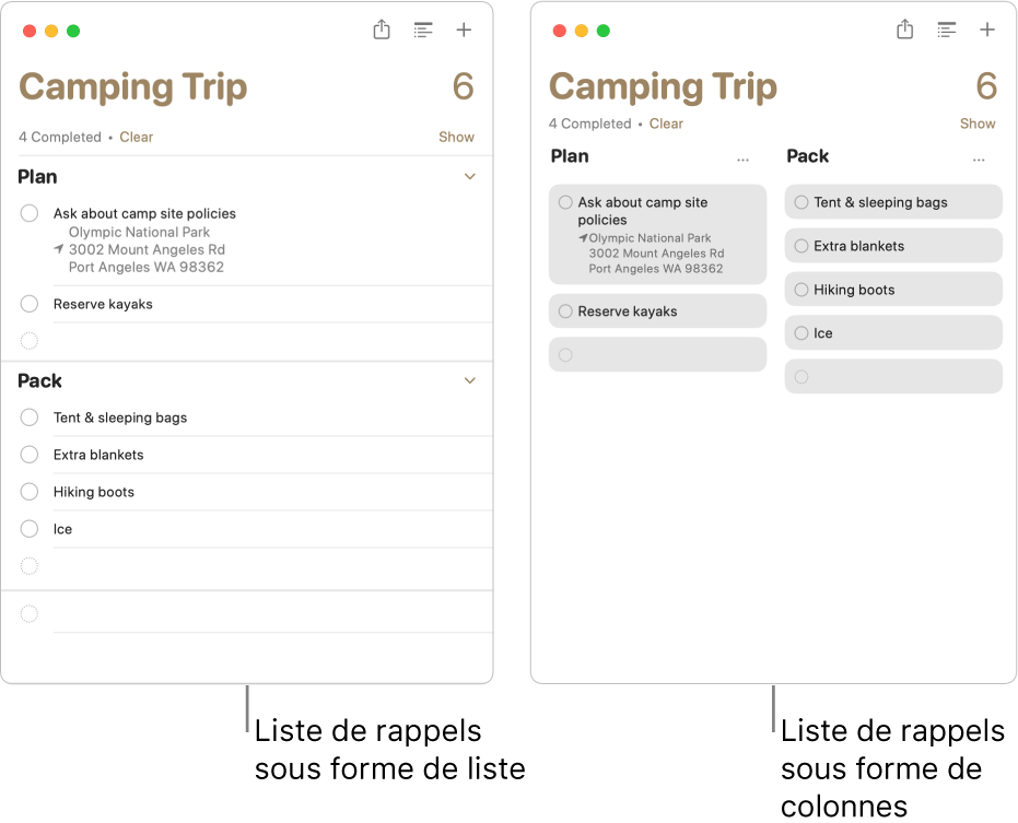 À gauche, une liste de rappels est affichée en présentation par liste. À droite, la même liste de rappels est affichée en colonnes. La liste de rappels comporte deux sections. Les titres de ces sections servent d’en-têtes de colonne.