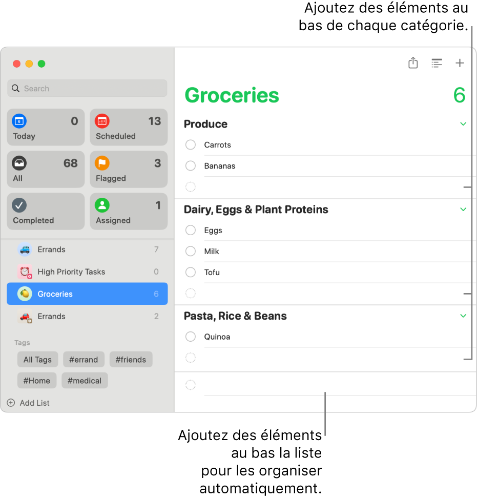 Liste d’épicerie dont les articles sont répartis en trois catégories. Il y a des champs vides au bas de chaque catégorie pour ajouter des articles, et un champ vide au bas de la liste pour ajouter des articles qui seront catégorisés automatiquement.