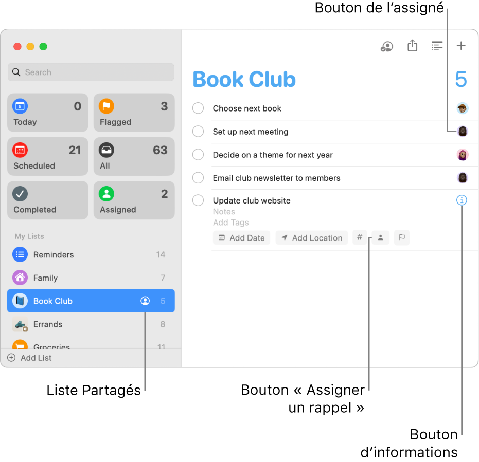 Une fenêtre Rappels affichant une liste partagée avec des rappels assignés.
