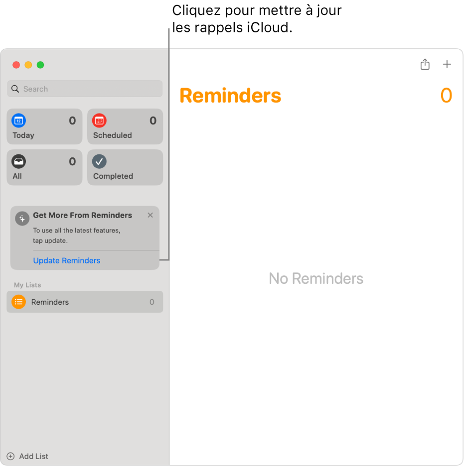 Une fenêtre Rappels avec le bouton « Mettre à jour » dans la barre latérale.
