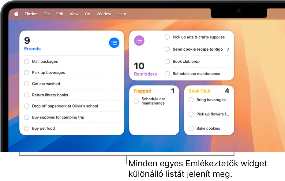 Az íróasztalon négy Emlékeztetők widget látható, különálló listákkal.