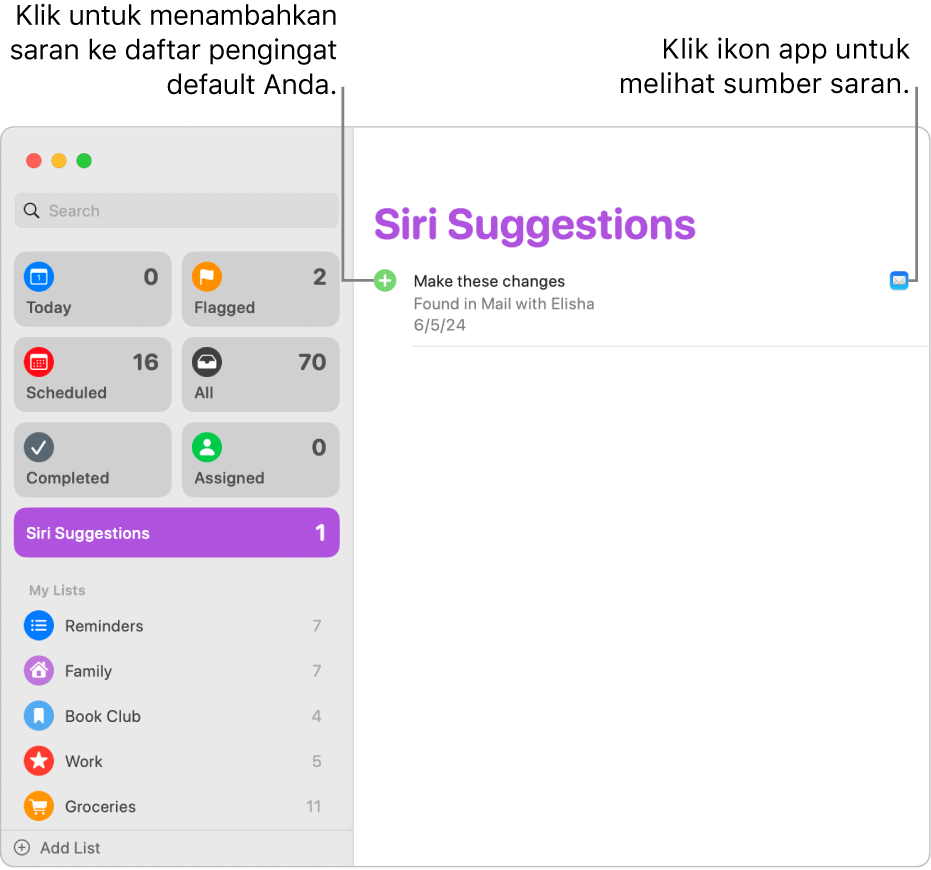 Daftar Saran Siri di app Pengingat, yang menampilkan satu pengingat yang disarankan dari app Mail.