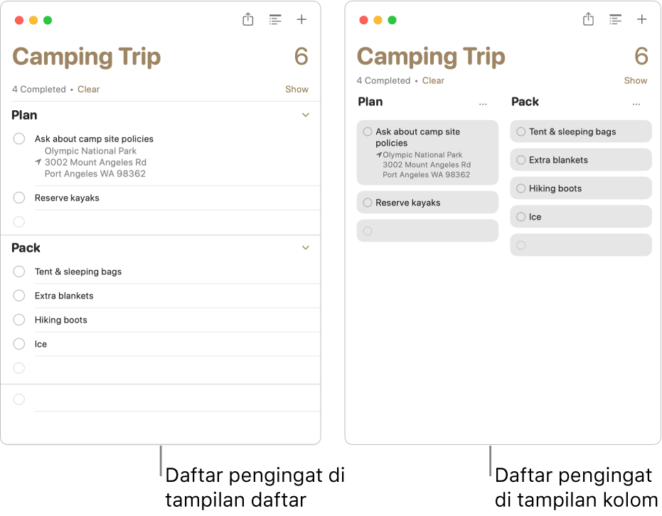 Di sebelah kiri, daftar pengingat yang dilihat sebagai daftar ditampilkan; di sebelah kanan, daftar pengingat yang sama yang dilihat sebagai kolom ditampilkan. Daftar pengingat memiliki dua bagian; judul bagian digunakan untuk heading kolom.