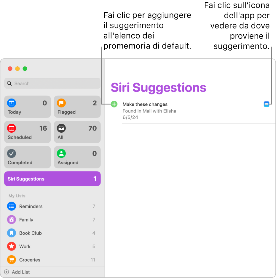 Un elenco “Suggerimenti di Siri” nell’app Promemoria che mostra un promemoria suggerito dall’app Mail.