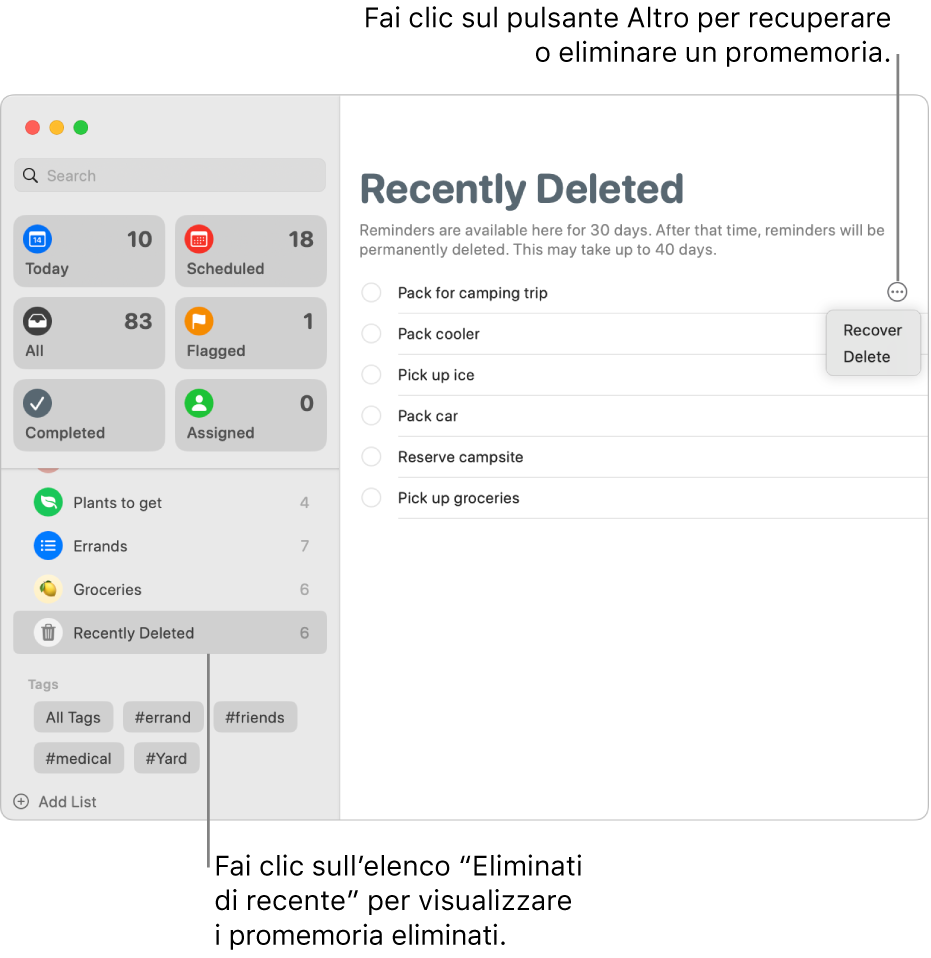 Una finestra di Promemoria, con l’elenco “Eliminati di recente” selezionato nella barra laterale e il pulsante Altro per un promemoria che mostra le opzioni Recupera o Elimina.