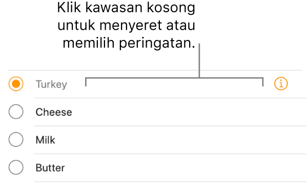 Klik kawasan kosong di sebelah kanan nama peringatan untuk memilih peringatan berkenaan.