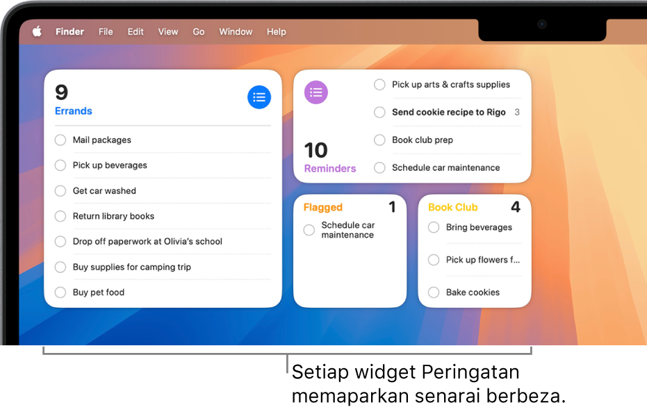 Empat widget Peringatan pada desktop, setiap satu menunjukkan senarai yang berbeza.