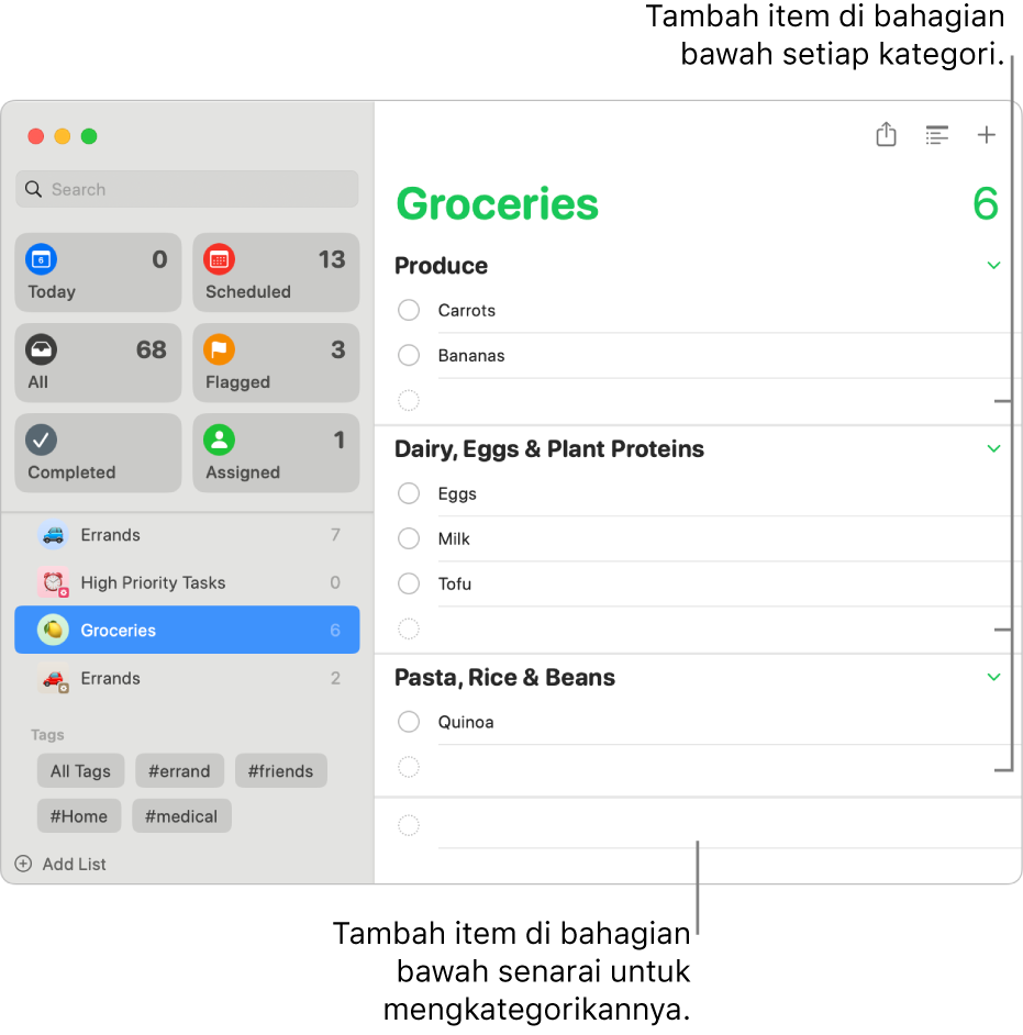 Senarai barang runcit dengan item disenaraikan dalam tiga kategori. Terdapat medan kosong di bahagian bawah setiap kategori untuk menambah item dan medan kosong di bahagian bawah keseluruhan senarai untuk menambah item yang dikategorikan secara automatik.