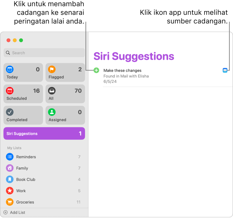 Senarai Cadangan Siri dalam app Peringatan, menunjukkan satu peringatan yang dicadangkan daripada app Mail.