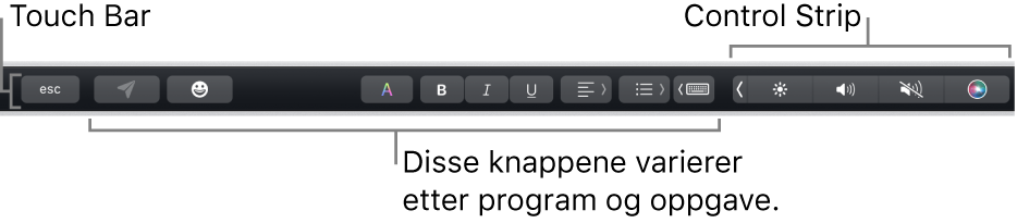 Touch Bar langs toppen av tastaturet, som viser minimert Control Strip til høyre og knapper som varierer avhengig av app eller oppgave.