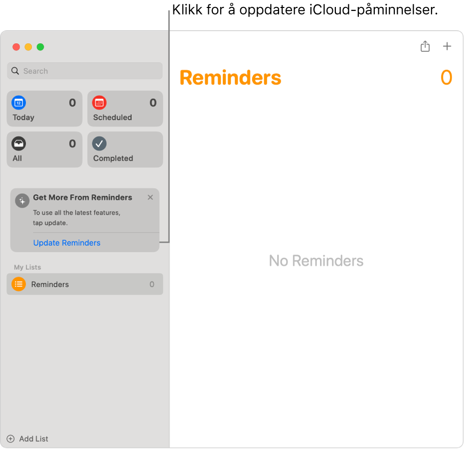 Et Påminnelser-vindu som viser Oppdater-knappen i sidepanelet.