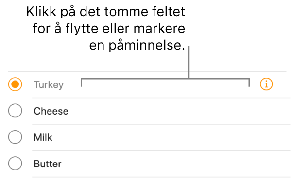 Klikk i det tomme området til høyre for påminnelsesnavnet for å markere påminnelsen.