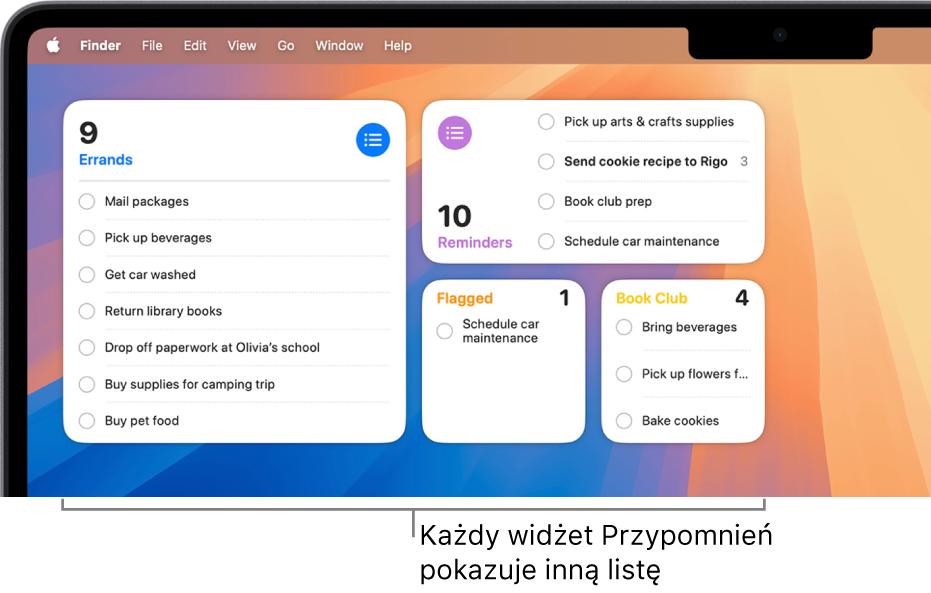 Cztery widżety Przypomnień widoczne na biurku. Każdy z nich pokazuje inną listę.