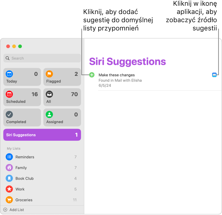 Lista Sugestie Siri w aplikacji Przypomnienia z widocznym jednym przypomnieniem z aplikacji Poczta.