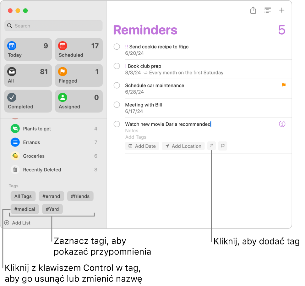 Okno aplikacji Przypomnienia pokazujące kilka tagów na pasku bocznym i przypomnienie, do którego zastosowano jeden tag.