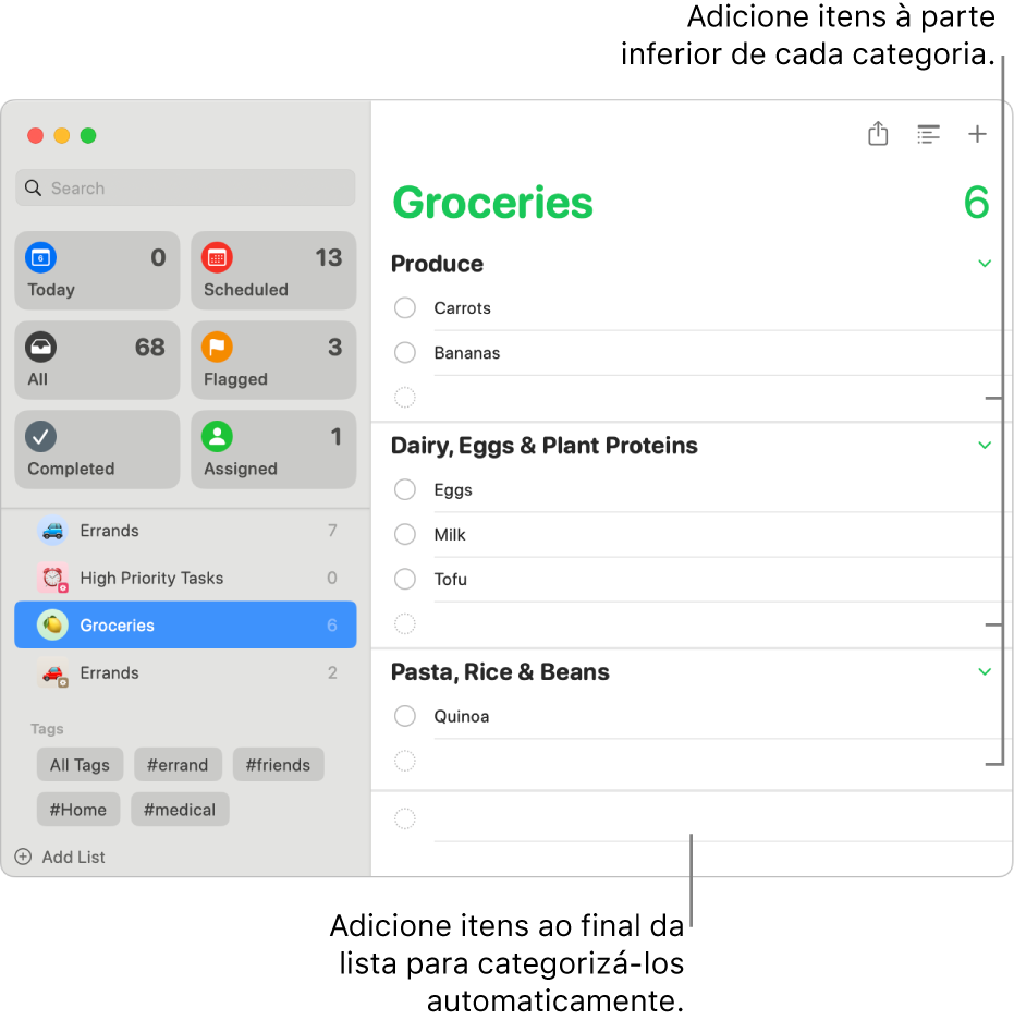 Uma lista de compras com itens listados em três categorias. Existem campos vazios na parte inferior de cada categoria para adicionar itens, e um campo vazio na parte inferior da lista inteira para adicionar itens que são categorizados automaticamente.