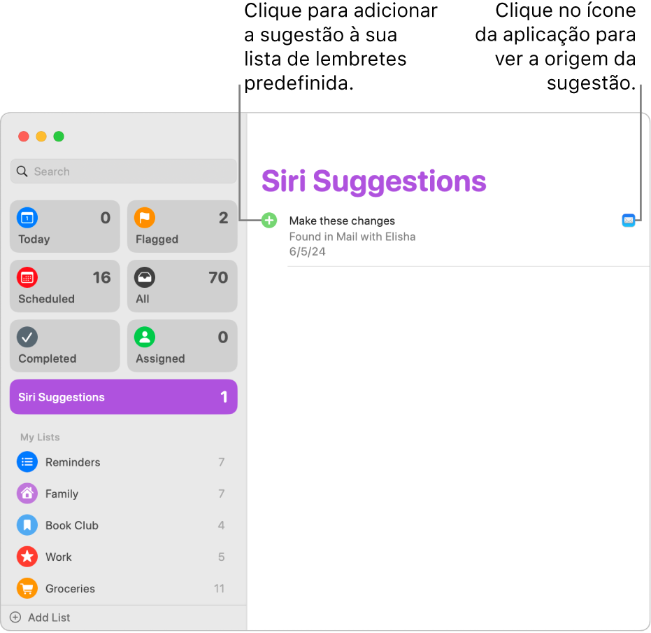 Uma lista de Sugestões de Siri na aplicação Lembretes a mostrar um lembrete sugerido da aplicação Mail.