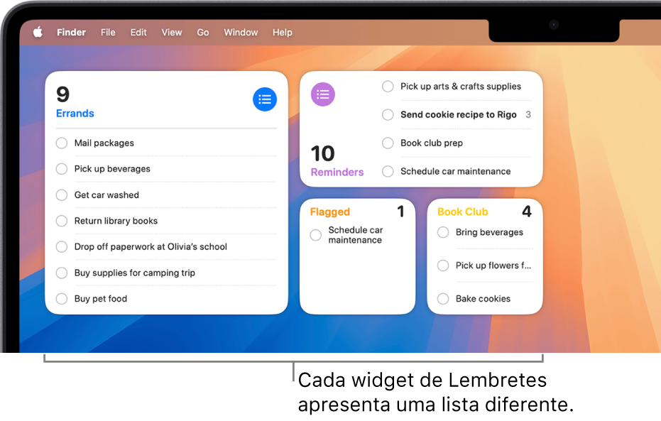 Quatro widgets de Lembretes na secretária, cada um a mostrar uma lista diferente.