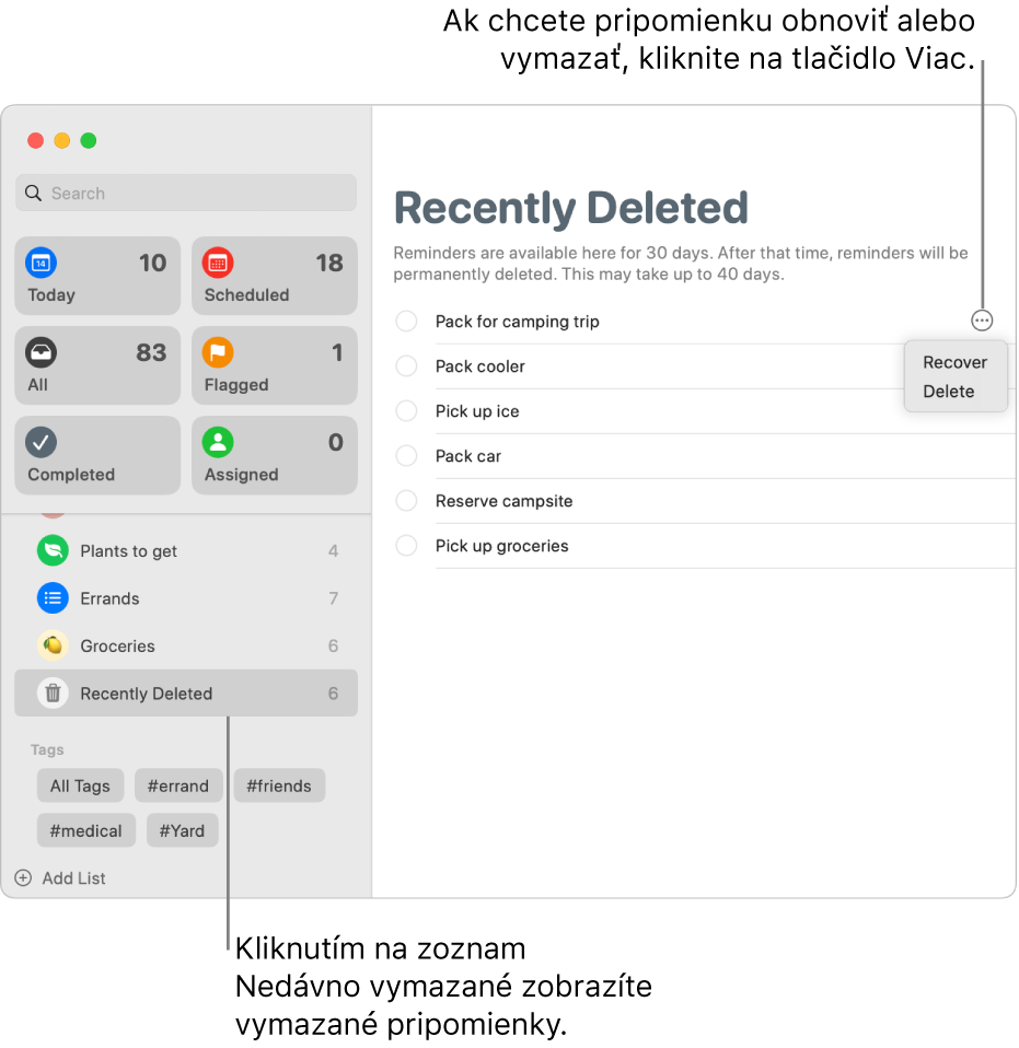 Okno apky Pripomienky zobrazujúce zoznam Nedávno vymazané vybratý v postrannom paneli a tlačidlo Viac pre pripomienku, ktoré zobrazuje možnosti Obnoviť alebo Vymazať.