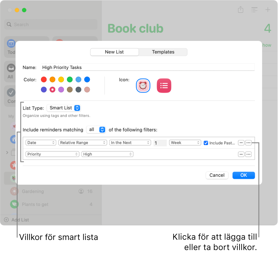 Dialogrutan för en ny smart lista som visar fälten som används till att ange villkor.