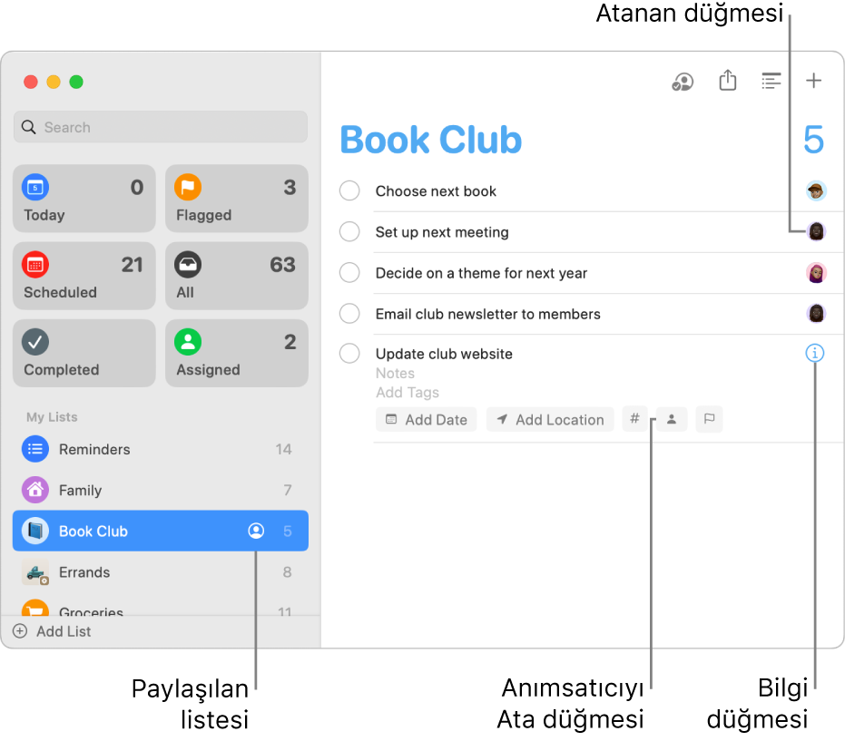 Atanan anımsatıcıları içeren paylaşılan bir listeyi gösteren Anımsatıcılar penceresi.