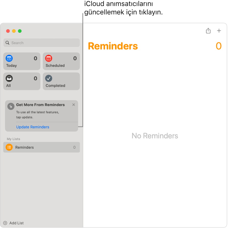 Kenar çubuğunda Güncelle düğmesini gösteren bir Anımsatıcılar penceresi.
